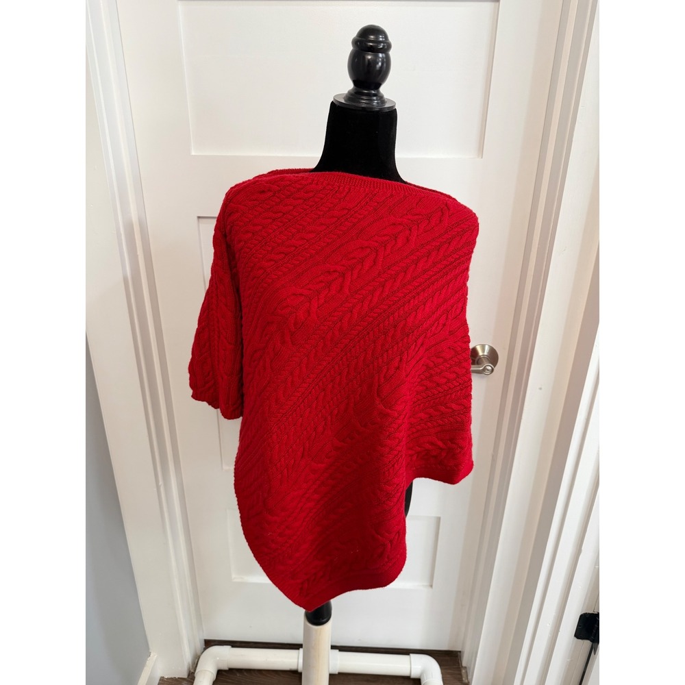 J.Jill Red Cable Knit Poncho Wrap Boat Neck Cotton Blend One Size